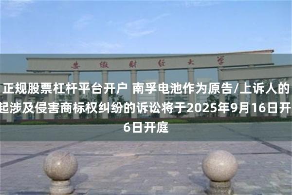 正规股票杠杆平台开户 南孚电池作为原告/上诉人的1起涉及侵害商标权纠纷的诉讼将于2025年9月16日开庭